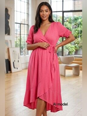 Torrid Midi Dress Plus Size 2X Pink Swiss Dot Faux Wrap Boho Romantic NWT